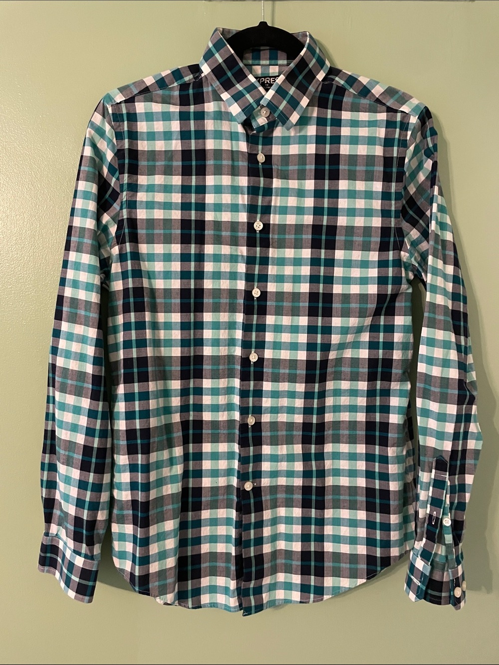 Express Men’s Teal, Navy and White Plaid Button-Down Shirt